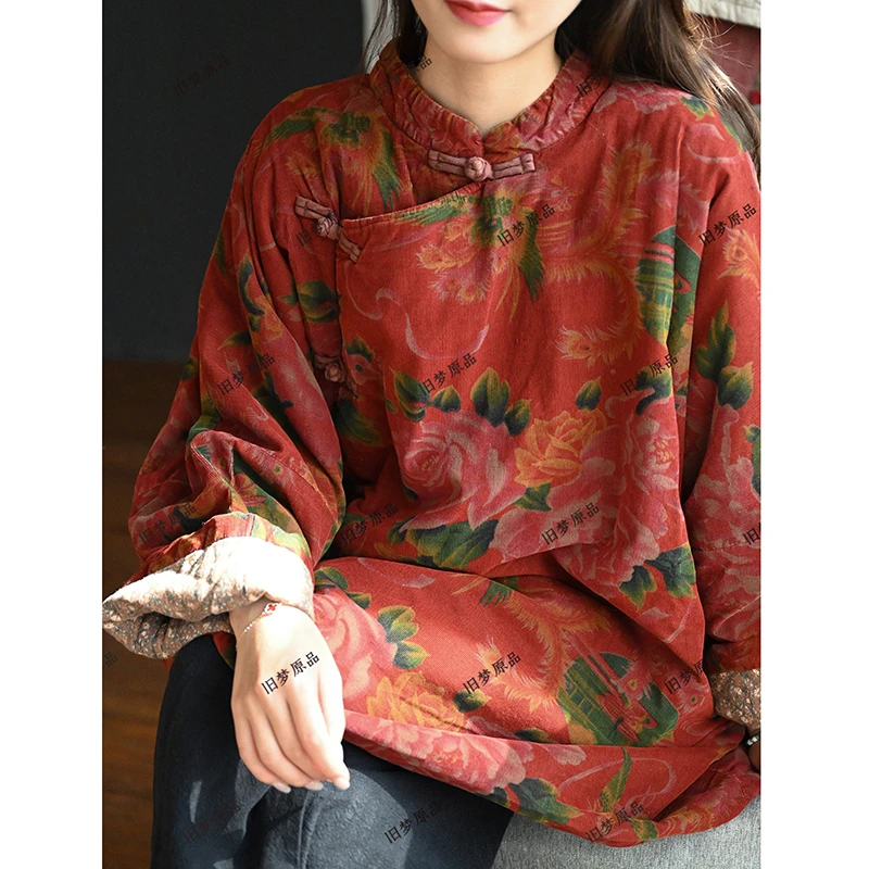 25 New Arrival Winter Women Vintage Floral Print Single Breasted Parkas Long Sleeves O-neck Cotton Linen Loose Casual Coats J177