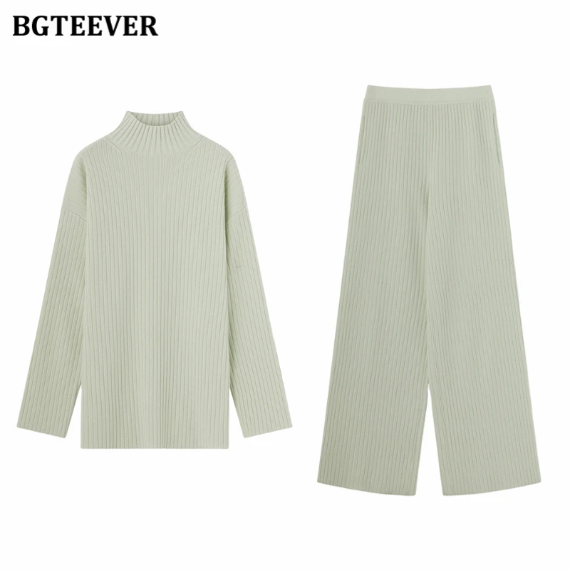 BGTEEVER Autumn Winter Knitted Trousers Set Women Long Sleeve Half Collar Pullovers Female Wide Leg Pants Women Sweater Outfits