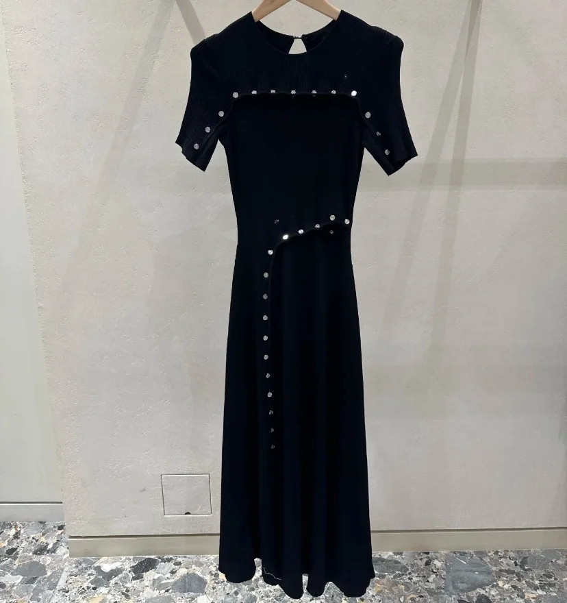 Vestido de malha de manga curta feminino, Oco, O-Neck, Fino, Doce, Primavera, Verão, Novo, 2022