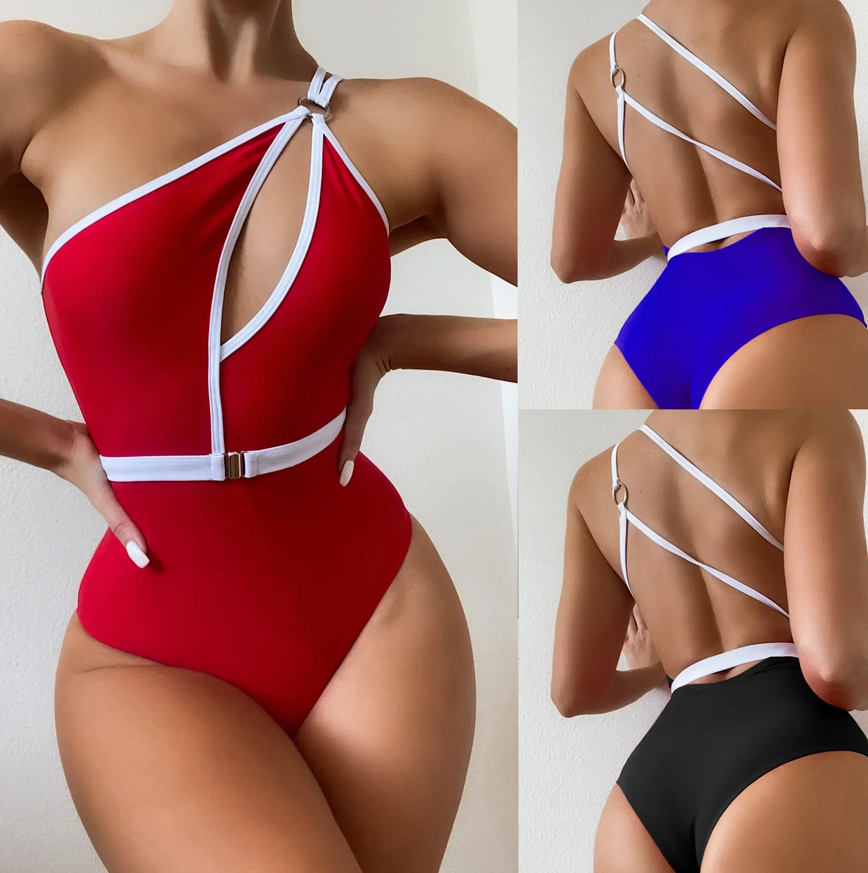 sexy een schouder badpak bikini's een stuk uitgesneden metalen ring bikini zomer backless bodysuits badmode biquini tankini mujer