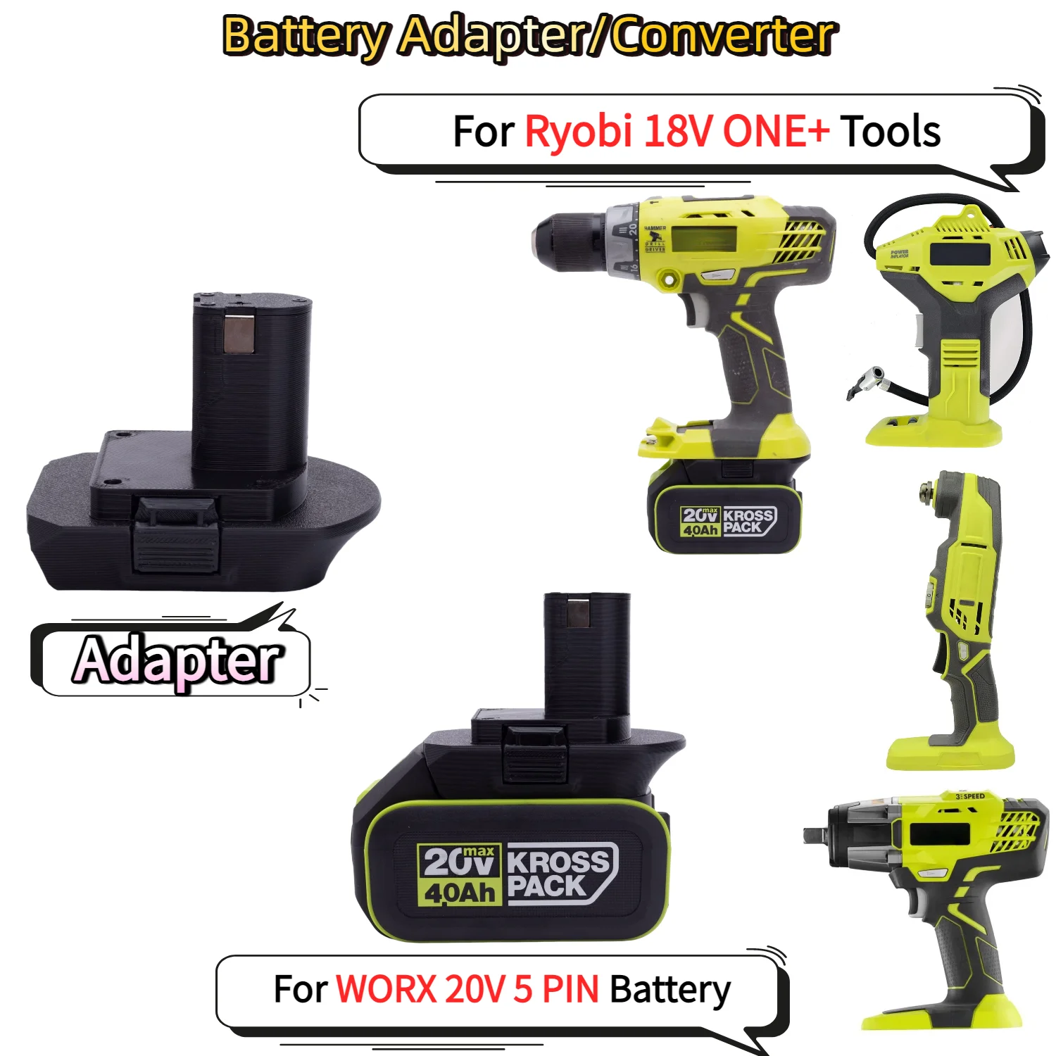 

Адаптер/конвертер для аккумуляторов WORX 20V 5 PIN Series Li-ion к беспроводным электроинструментам Ryobi 18V ONE+ Series (только адаптер)