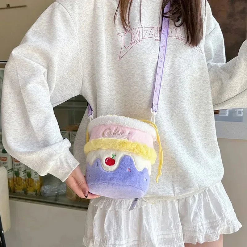 Embroidery Cake Crossbody Bag For Women Y2K Korean Japanese Cartoon Plush Shoulder Bag Kawaii Girl's Stylish Cake Crossbody Bag