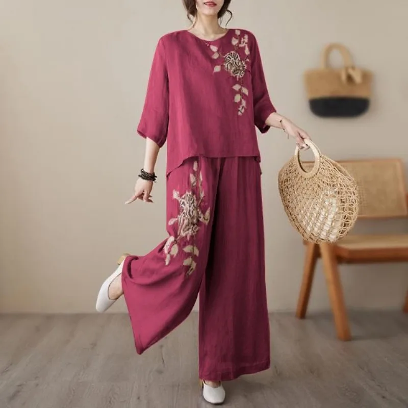 Vintage Embroidery Cotton Outfit Women Spring Summer Short-sleeved Top Wide-leg Pants Lightweight Two-piece Set Design Clothing