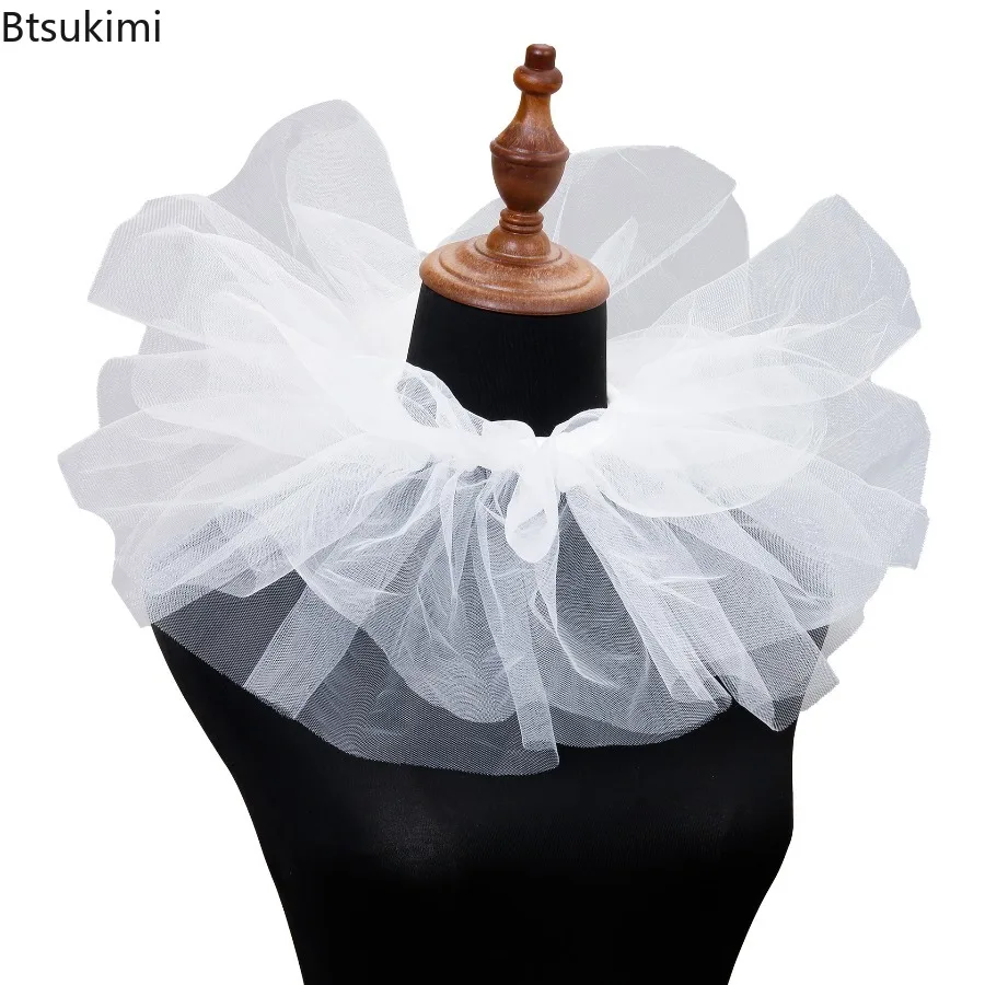 Women Tulle Ruffled Fake Collar Multi-Layered Mesh Clown Choker Lace-Up Ribbon Neck Ruff Shawl Victoria Stage Play Accessories