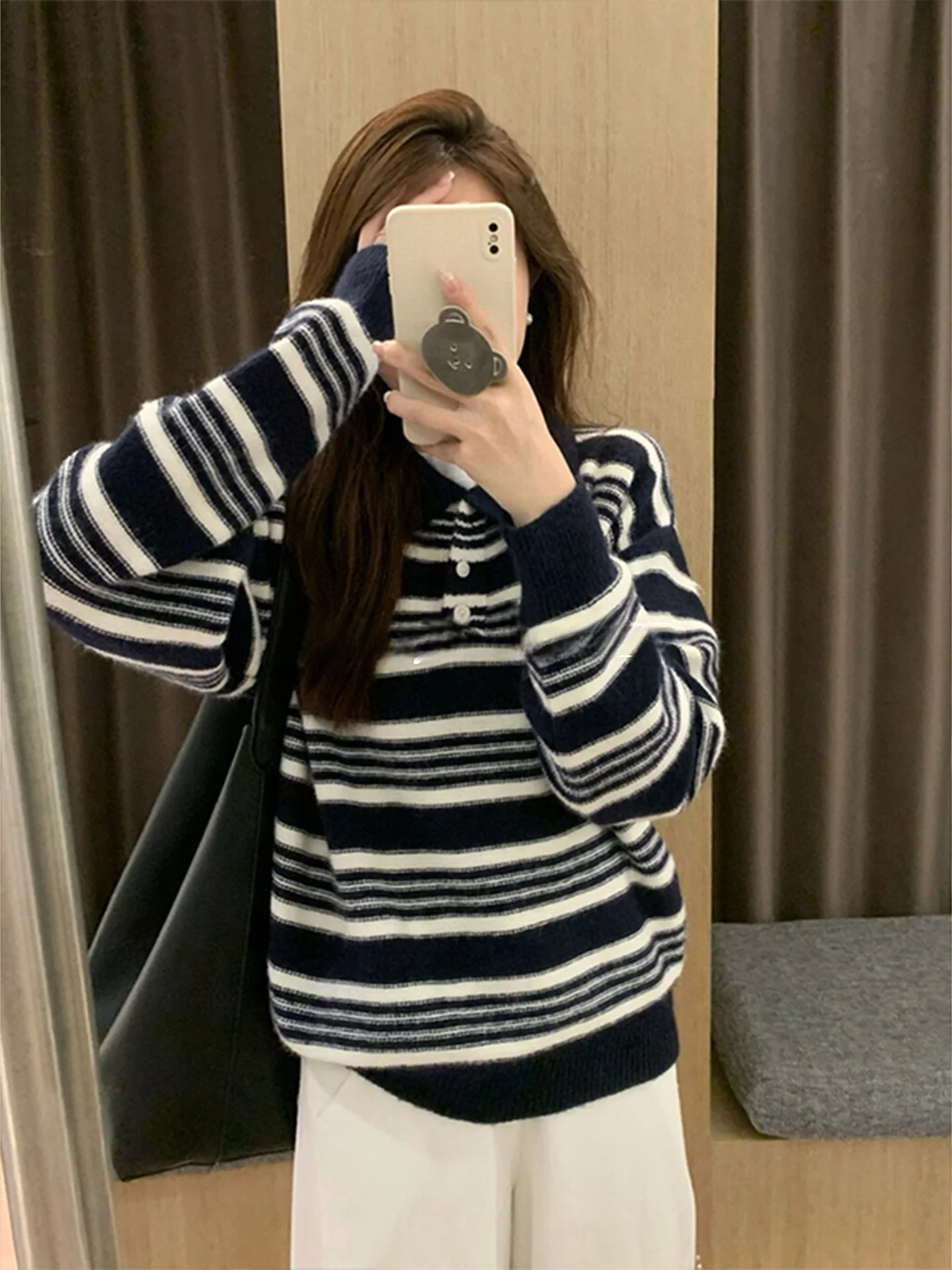 

Rouje Kefss Thickened Neck Sweater Autumn Inner Wear Striped Color Block Knitted Top Women's plus Size High Waist Citywa...