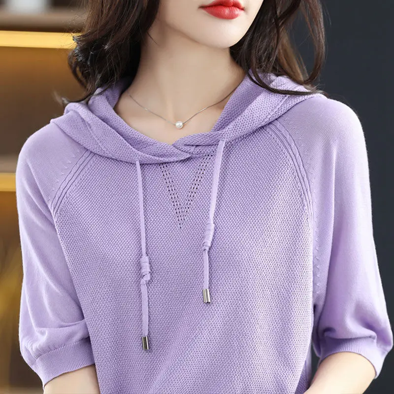 Korean Fashion Spring Summer New Hoodies Sweater Women Solid Drawstring Half Sleeve Loose Thin Casual Versatile Pullovers Tops