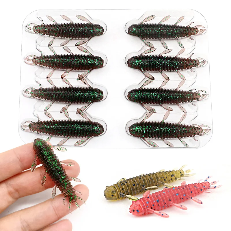 8PCS TPR Floating Soft Worm Fishing Lure 1.9g52mm No Sinker Rig Silicone Bait Artificial Multi Legged Insect Bait Fishing Tackle