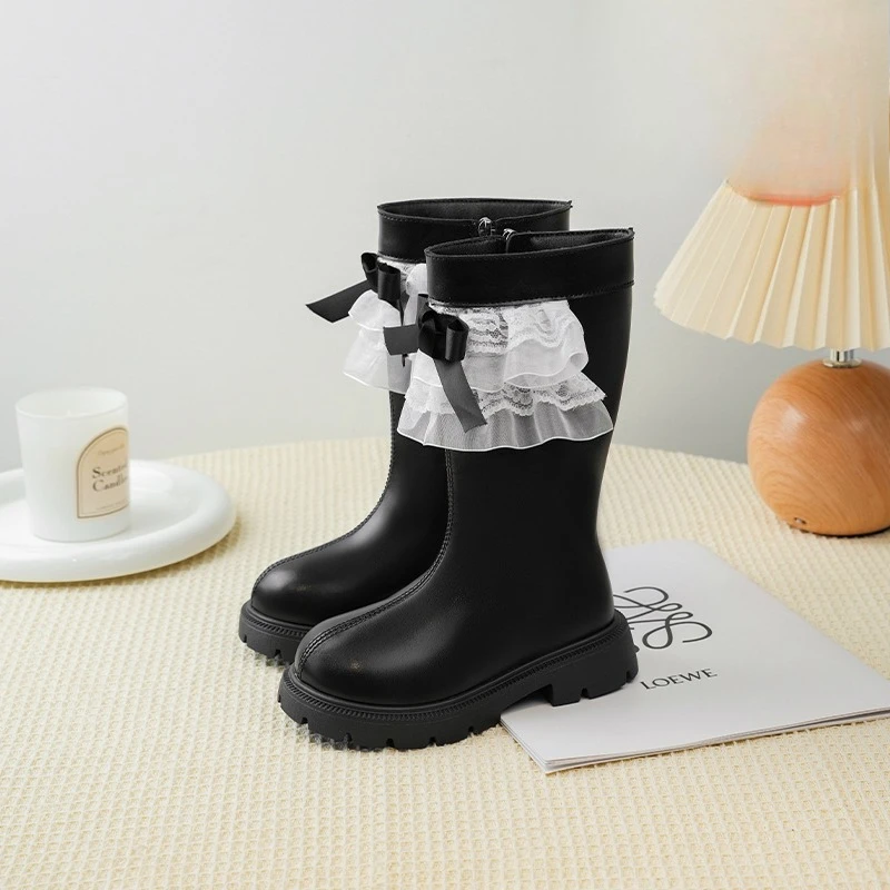 Princess Style Girls Ankle Boots with Lace Bow 2025 New Winter Kids Fleece Boots for School Party Non-slip Thick Sole Simple