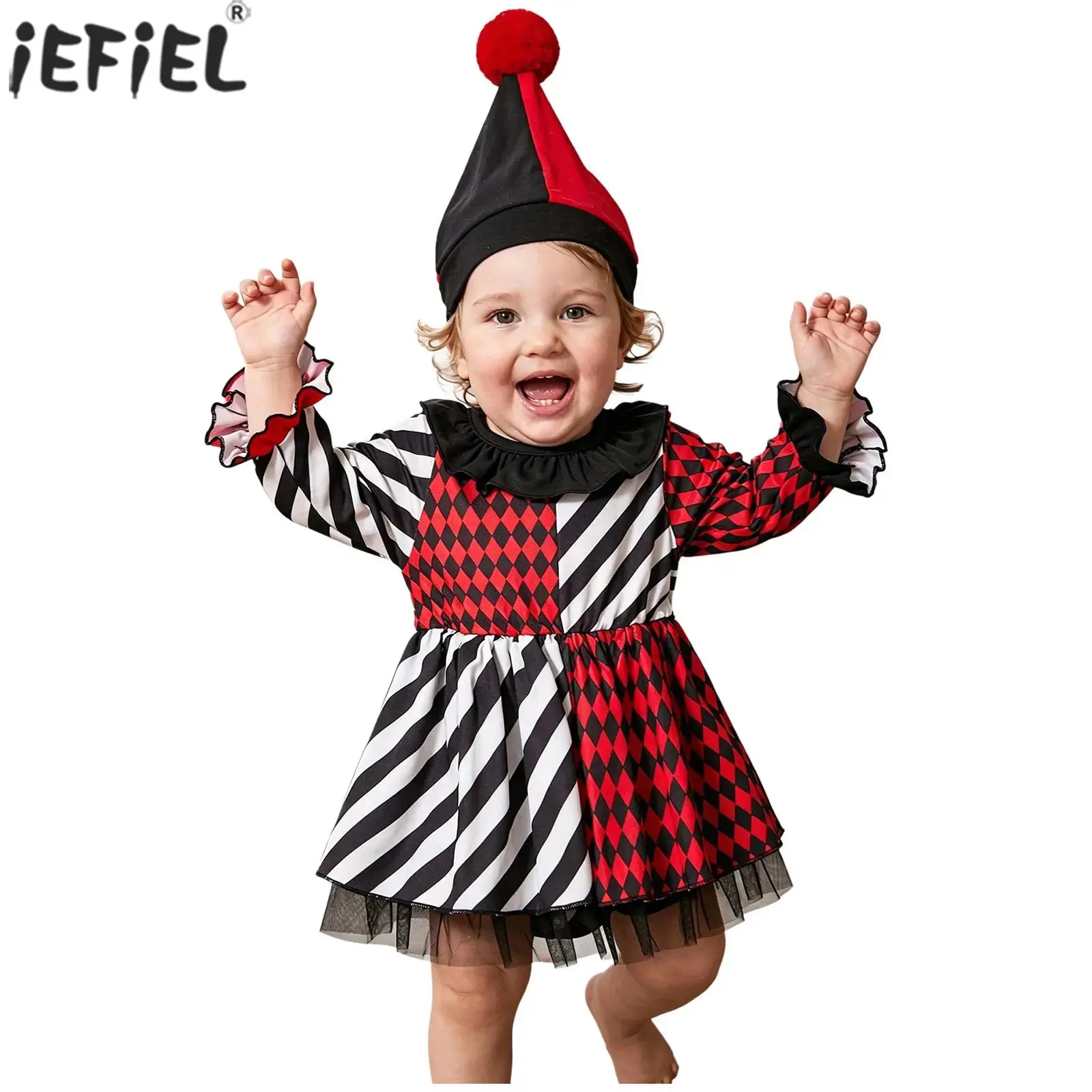 Toddler Baby Girls Halloween Circus Clown Costume Long Sleeve Ruffled Layered Romper Dress with Hat for Cosplay Themed Party