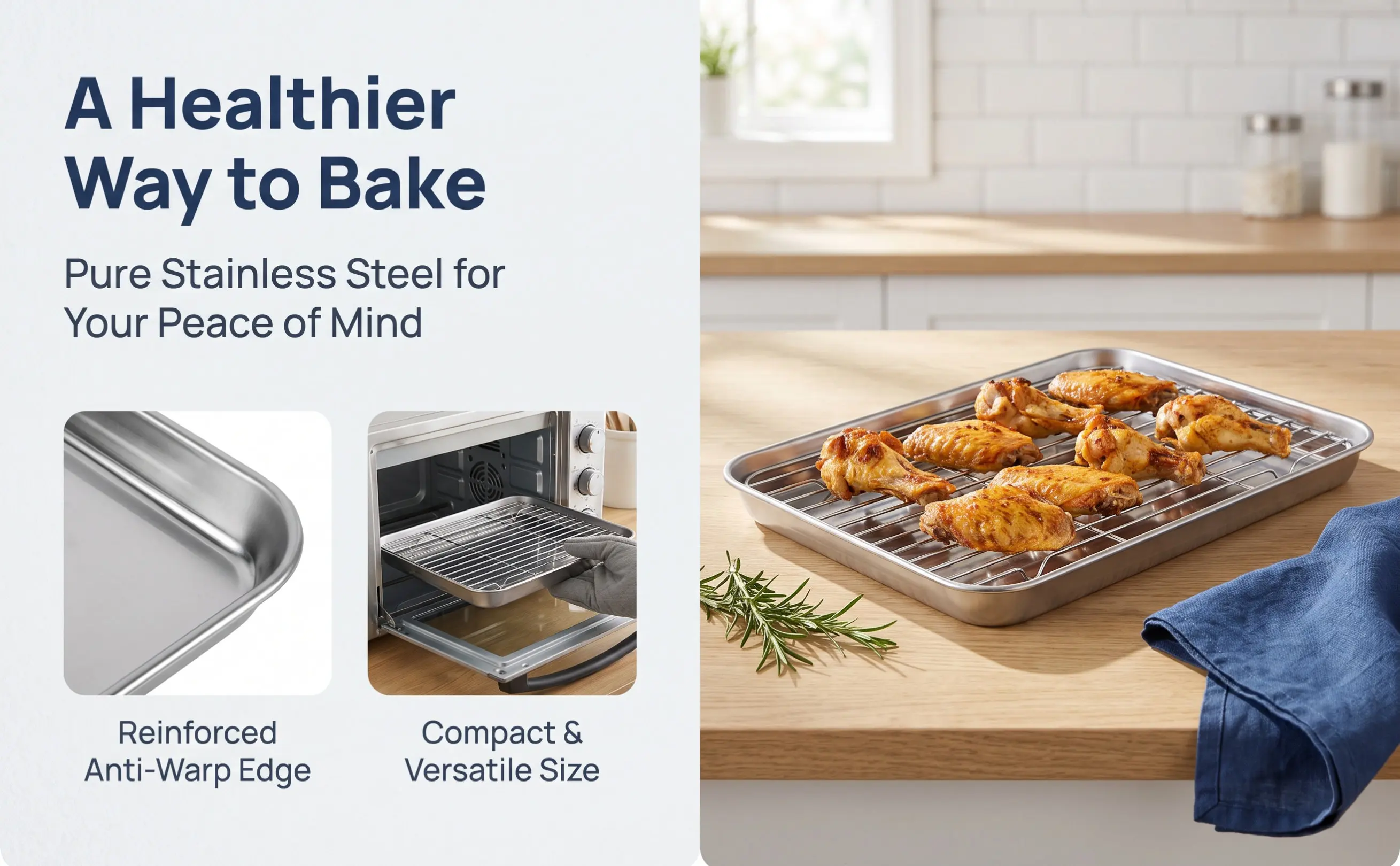 2Pieces Stainless Steel Baking Sheet Set Rectangular Mirror Finish Heavy Duty Non Coated Baking Pan Cooling Rack Dishwasher Safe
