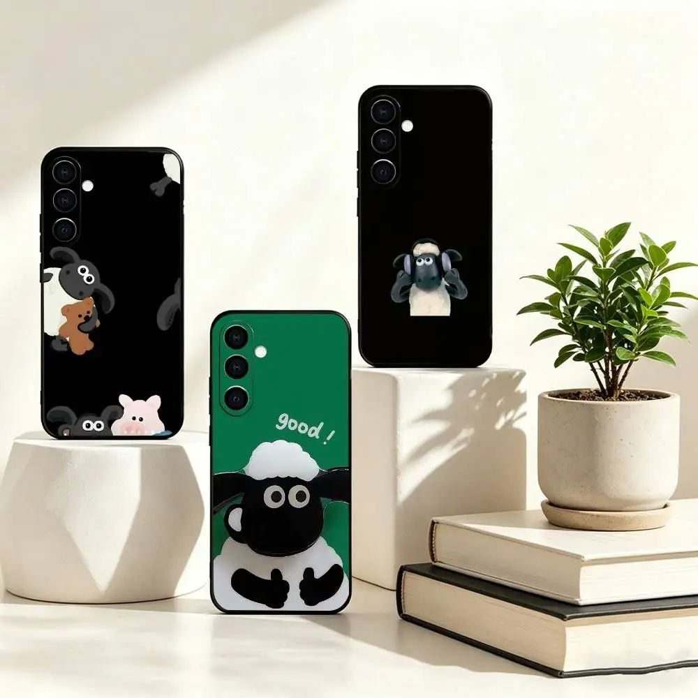 C-Cute cartoons S-Shaun the Sheep Phone Case Black Silicone Soft For Samsung Galaxy A73,A72,A71,A70,A53,A52,A51