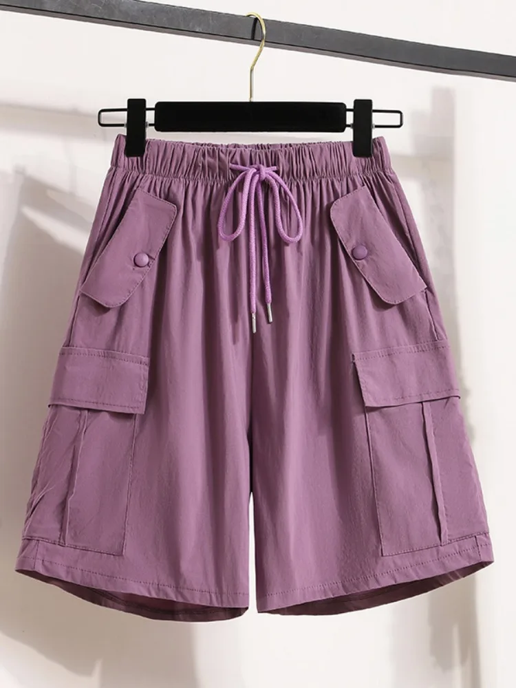 Summer New Elastic Waist Shorts Women Leisure Drawstring Pockets Wide Leg Knee Length Shorts Loose Sports Shorts Female Clothes