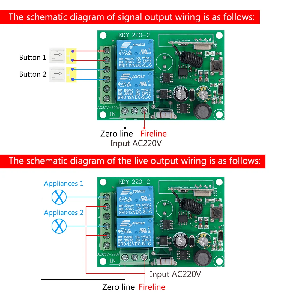 Interruptor de Control remoto RF para el hogar, módulo de interruptor de relé inalámbrico de 2 canales, 12V, 220V, 10A, 315MHZ, 433MHz