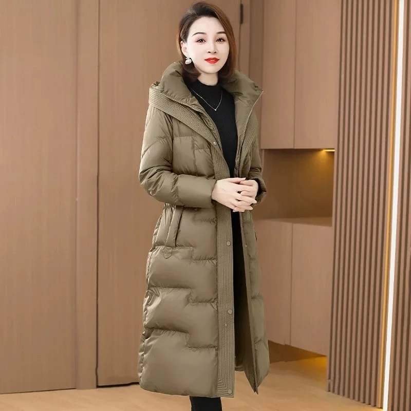 Women's down Jacket Autumn Winter New Fashion Slimming Belted Midi White Duck down Coat Long Sleeve Thickened Winter Coat