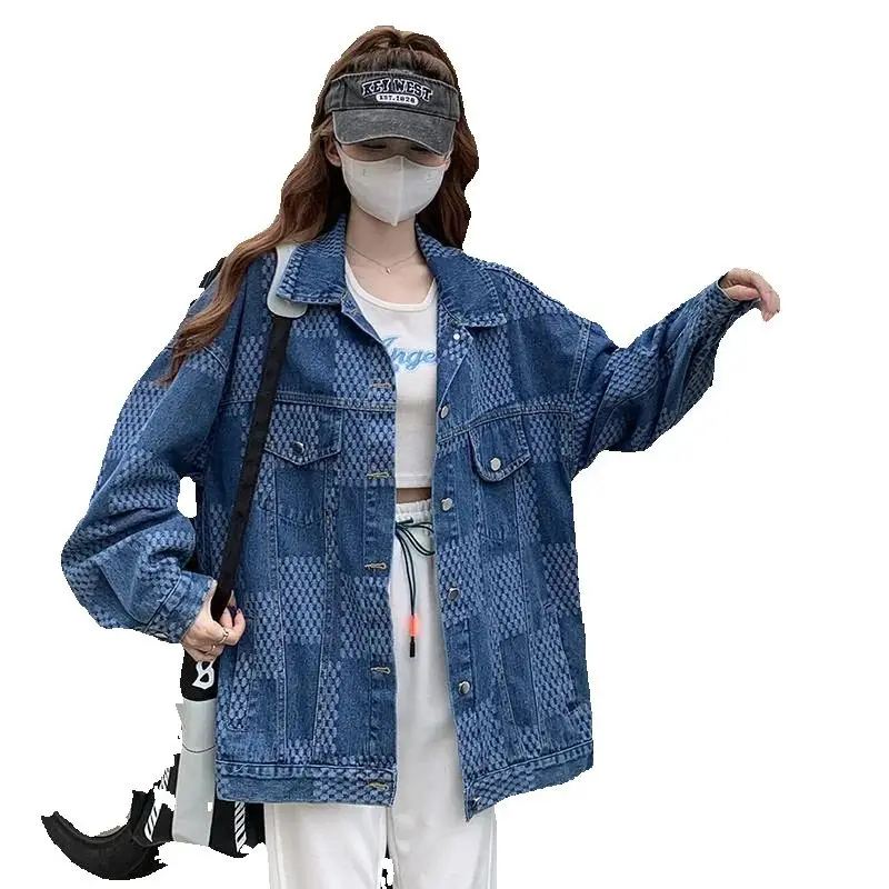 

Plaid Denim Jacket Women's Spring And Autumn Tide Harajuku Harbor Wind Autumn High Feeling Super Beautiful Fried Street Jacket.