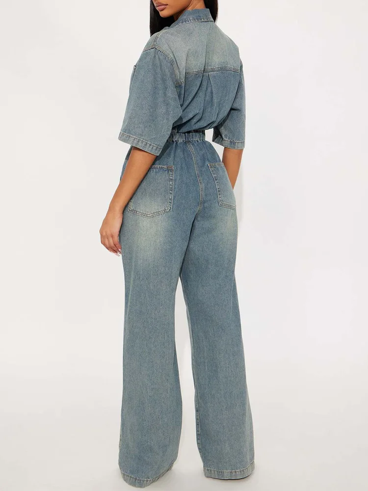 Slergiri Vintage Elastic Waist Washed Denim Jumpsuit Women Fashion New 2026 Summer Half Button Half Sleeve Loose Flare Pants view 2