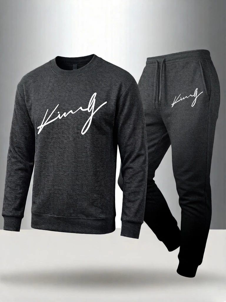

Теплая удобная толстовка с капюшоном King'S Word Cursive Script Pattern, зимняя флисовая толстовка, брюки, комплект из 2 предметов, мужские мягкие модные брюки