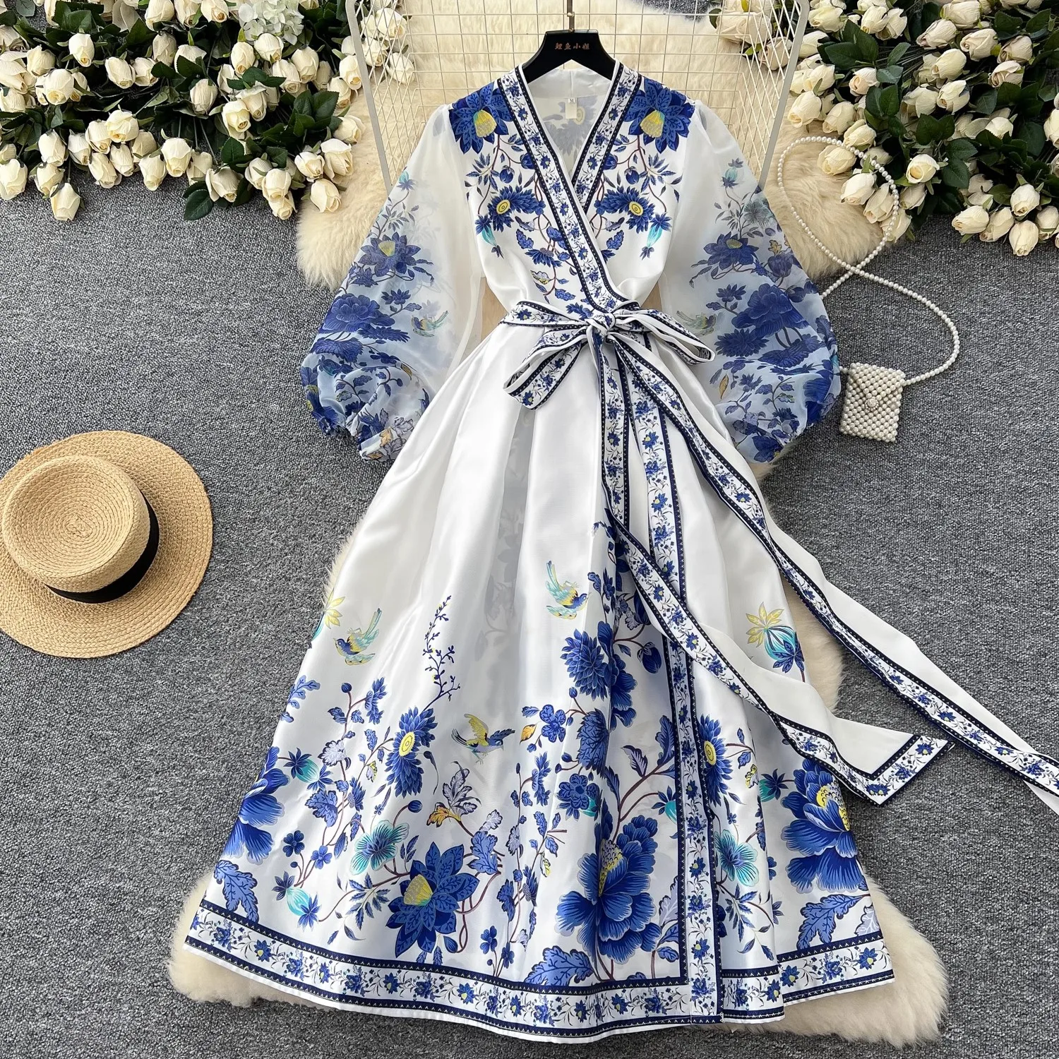 

Spring Bohemian Long Dresses Holiday Women Puff Sleeve Cross V Neck Flower Print Bandage Lace Up Robe Vestidos Female Clothes
