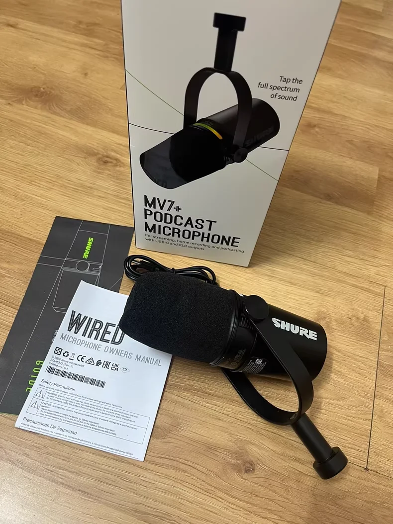 Shure MV7+ dynamic podcast microphone features voice isolation technology and studio-quality streaming and podcast LED panels