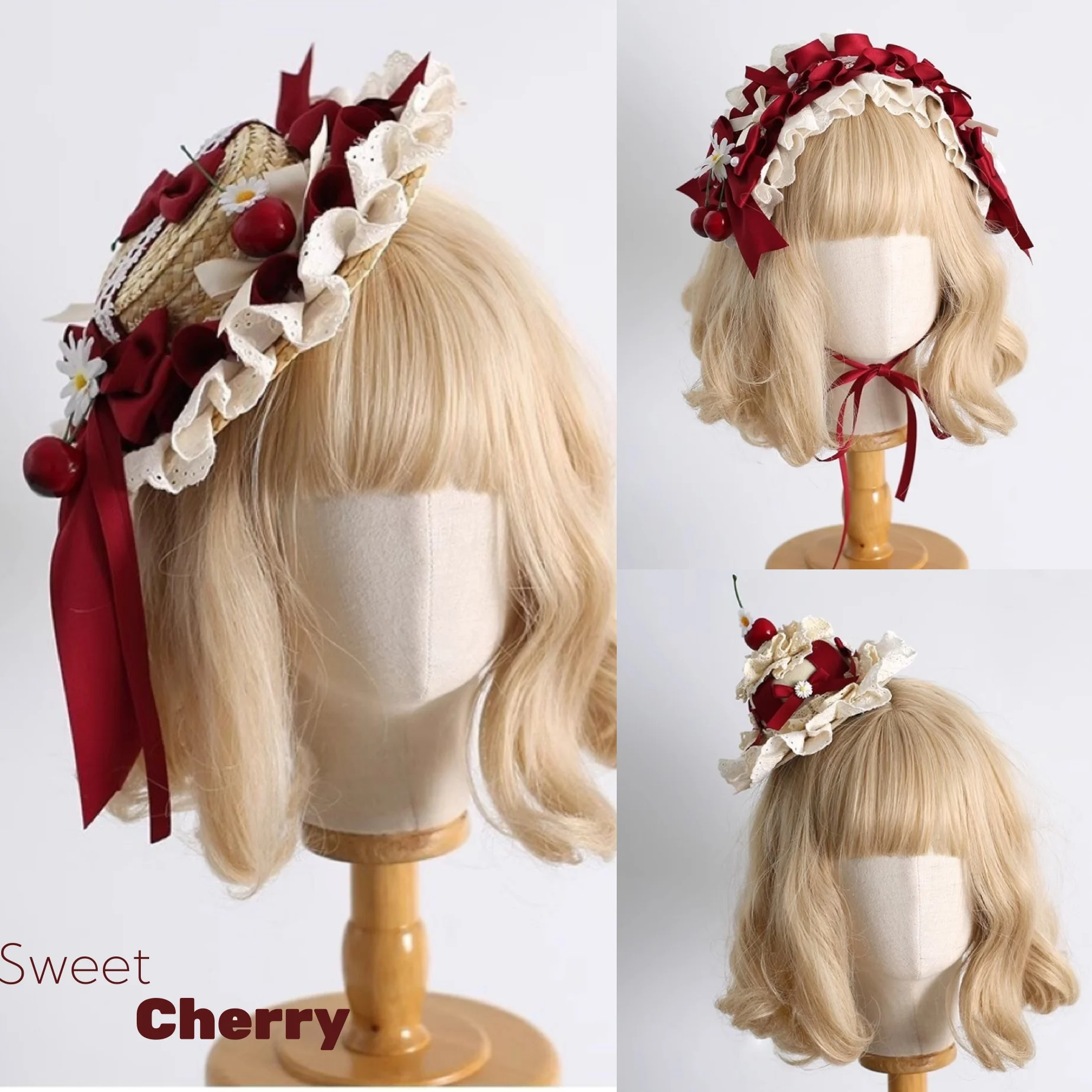 

3 Types New Original Handmade Lolita Sweet Lace Bow Headband Pastoral KC Cherry Ripe Straw Hat Women Cosplay Cake Headpiece Pros
