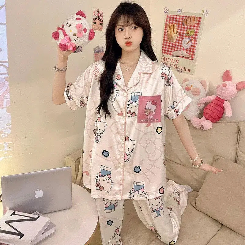 

Горячая Y2K милая женская пижама с принтом аниме, милый кардиган для девочек, брюки с короткими рукавами, домашняя одежда, студенческие пижамные комплекты с героями мультфильмов Kawaii