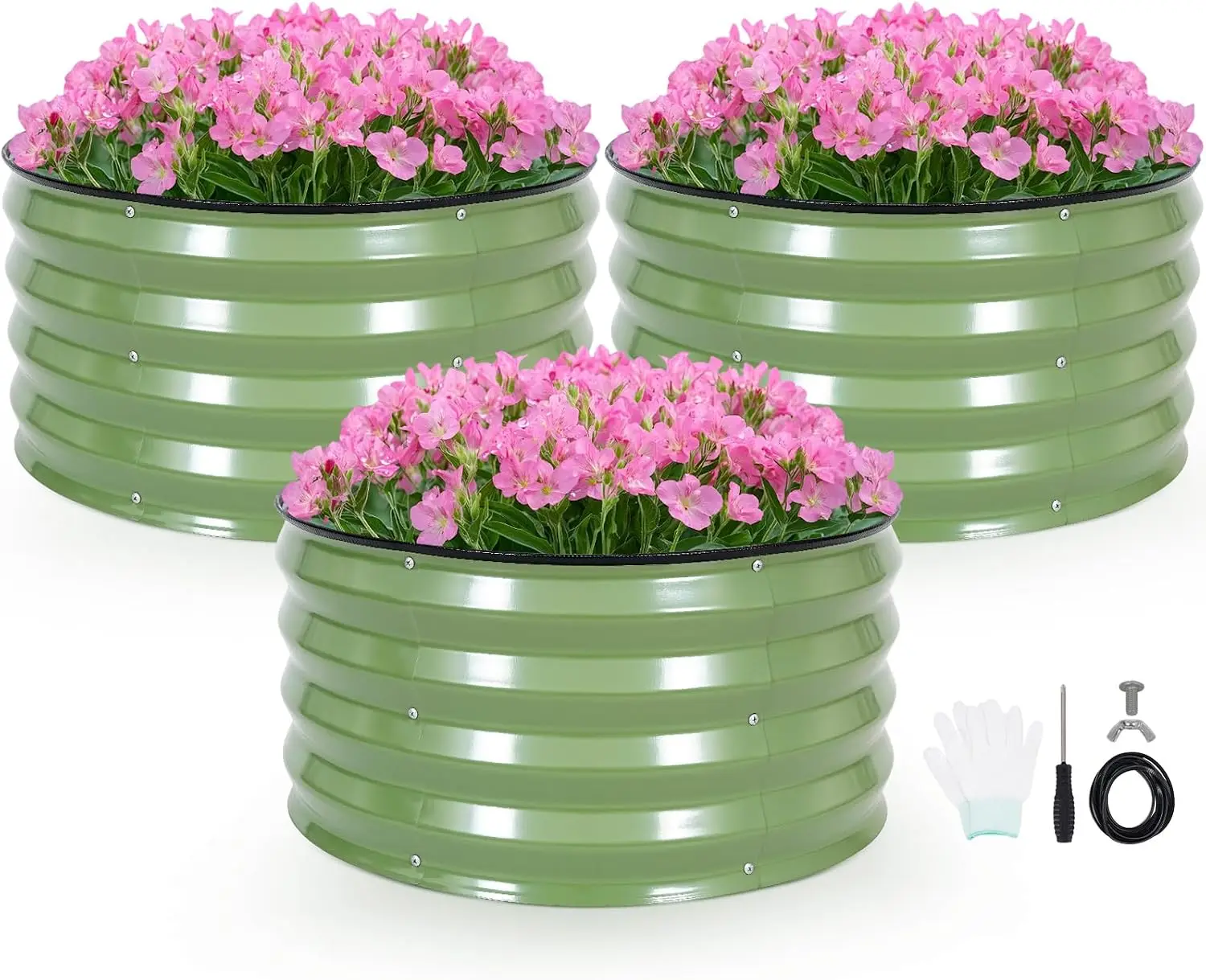 Juego de 3 Macetas Redondas Galvanizadas Elevadas de 2x2x1 pies - Jardinera Exterior para Verduras, Hierbas y Flores, Verde Oliva