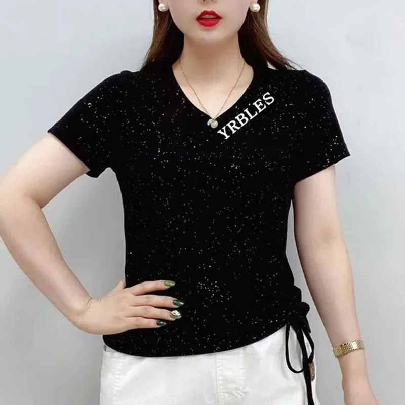 Fashion V-Neck Loose Letter Shirring Bandage Bow Blouse Female Clothing 2023 Summer New Casual Pullovers Tops Asymmetrical Shirt