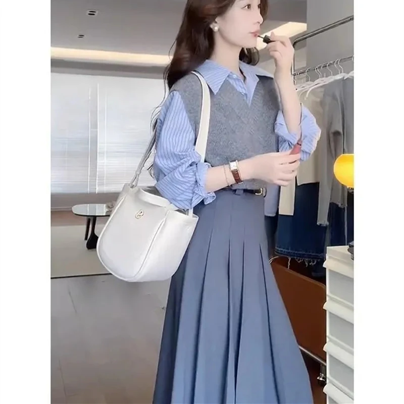 Korean Women Graceful Spring Autumn Clothing 2023 New Lady Stripe Shirts Gray Knit Vest Midi Skirts Sets Sweater Tops Outfits