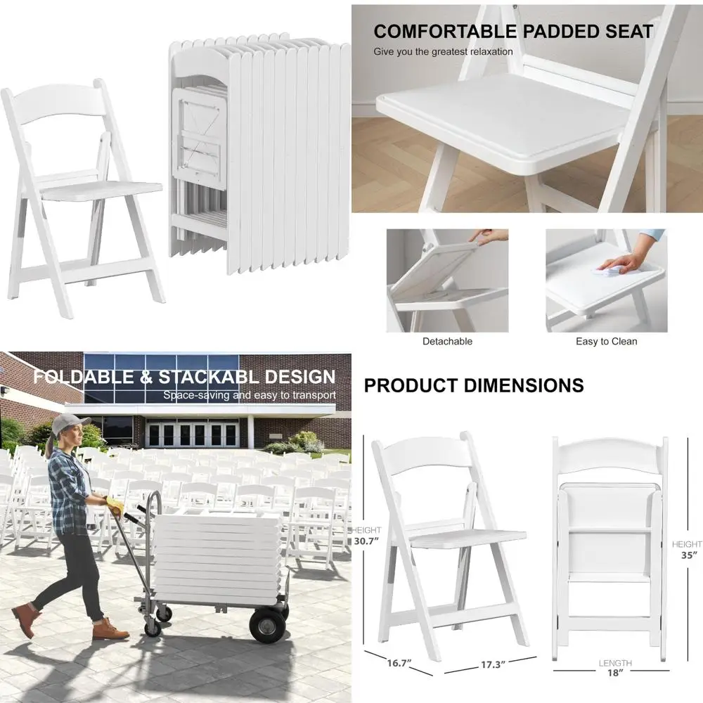Padded Seat White Folding Chairs, Lightweight and Comfortable for Weddings, 12 Pack Resin Chairs with Easy Folding Feature