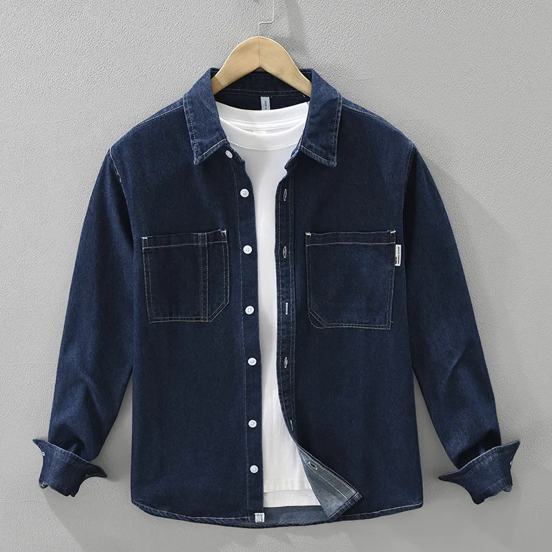 Japanese Vintage Jean Shirts Male Spring Fall New Mens Denim Shirt Long Sleeve Light Blue Denim Shirt Double Pockets Cowboy Top