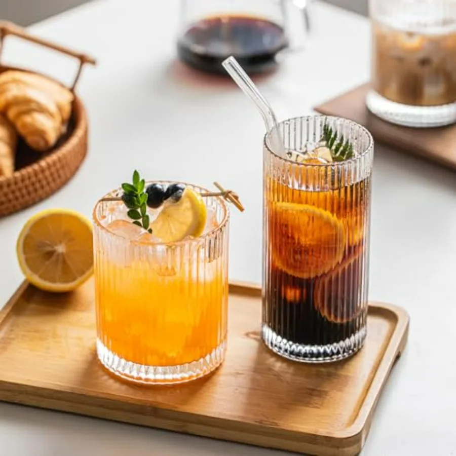 أواني زجاجية مضلعة مكونة من 12 قطعة - 6 أكواب عالية الكرة 12 أونصة، 6 أكواب زجاجية صخور 14 أونصة، أكواب شرب كوكتيل عتيقة، مثالية للفوز #5