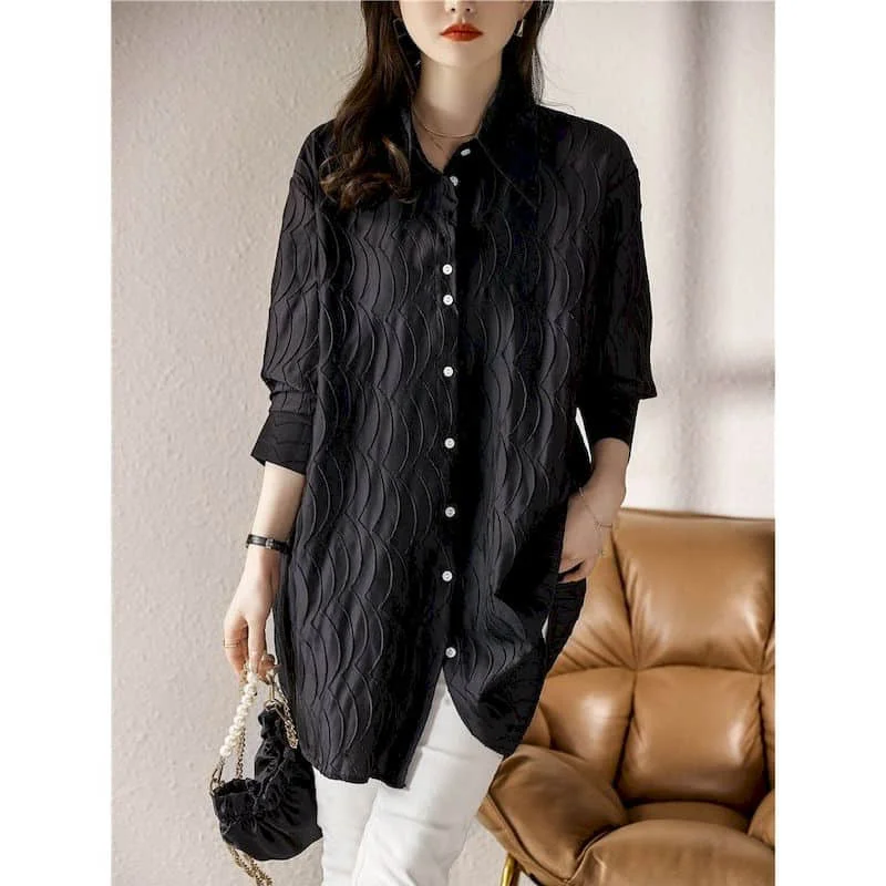 Shirts for Women Vintage Long Sleeved Solid Fold Design Polo-neck Casual Korean Fashion One Piece Mid-length Blouse Women Tops