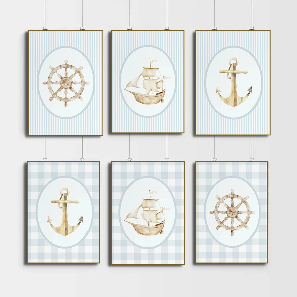 Watercolor Nursery Nautical Ocean Boat Anchor Blue Striped Poster Prints,canvas Painting for Boy Room Home Decoration Cuadros
