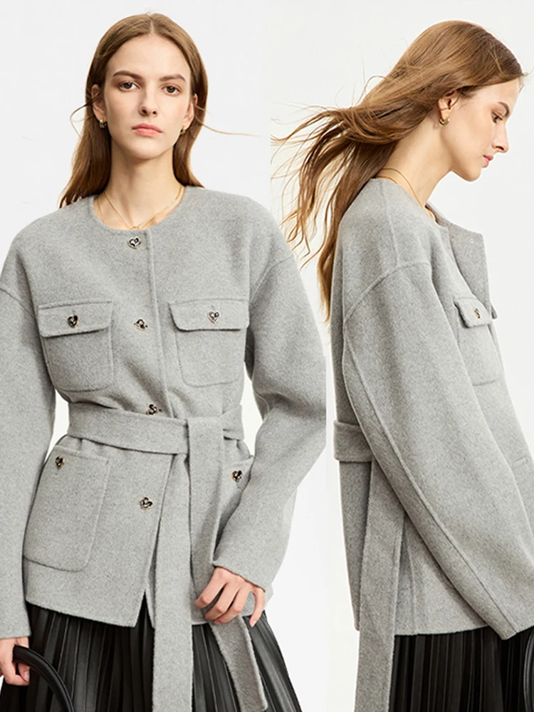 AMII Minimalist Small Fragrant Woolen Coat for Women 2023 Winter New Medium Long Coat Trendy Crewneck With Belt Blends 12364001