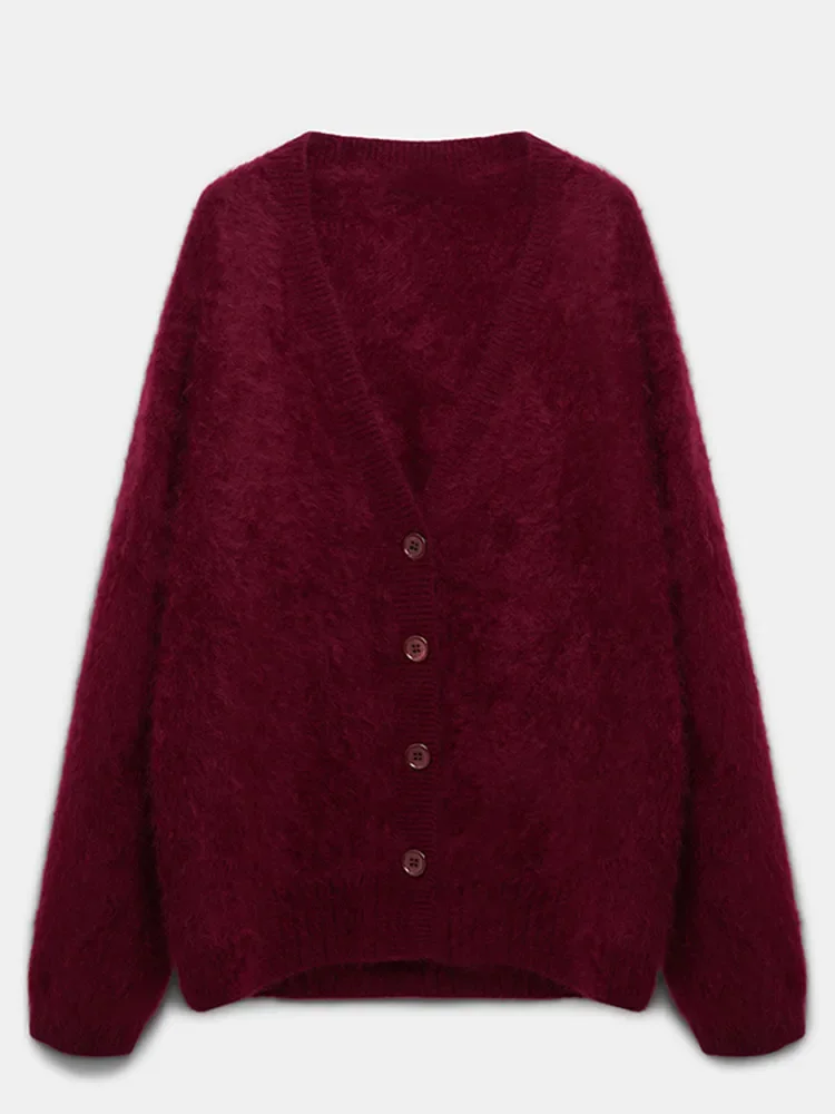 Elegant Burgundy Mohair V-neck Knitted Cardigan Women Fashion Single Breasted Long Sleeve Sweater Lady Autumn New Warm Soft Tops