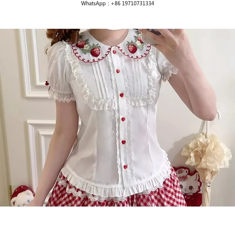 Women Kawaii Lolita Blouse Peter Pan Collar Strawberry Embroidery Puff Sleeve Sweet Japanese Top