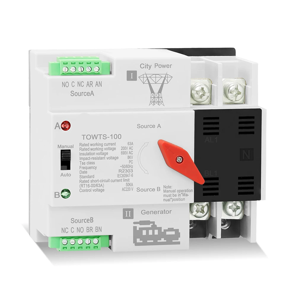 Interruptor de transferencia manual automática de 100 A, respaldo de doble potencia para vehículos recreativos residenciales con protección de voltaje y conmutación
