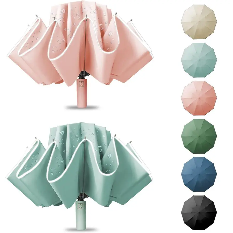 

Ветрозащитный дорожный зонт, портативный зонт для автомобиля с обратным сложением, компактный инвертированный дизайн с водонепроницаемым куполом, автоматический, 10 спиц