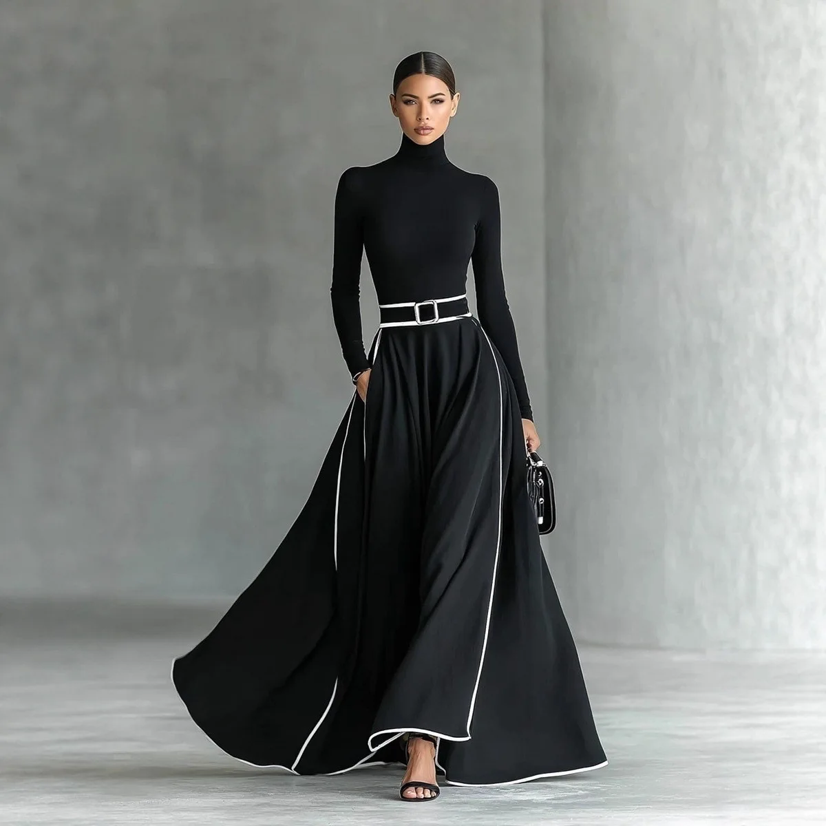 Black Stitching White Trim High Neck Long Sleeve Bodycon Belted Maxi Dress Dresses Spring Summer