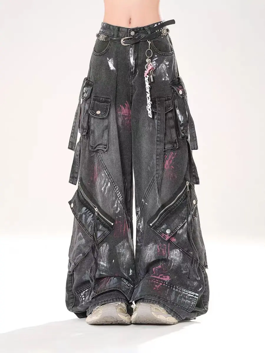 جينز قوطي متعدد الجيوب جينز أسود مغسول للرجال والنساء 2000s الصناعة الثقيلة السراويل السحب الشارع الهيب هوب بنطال ذو قصة أرجل واسعة #4