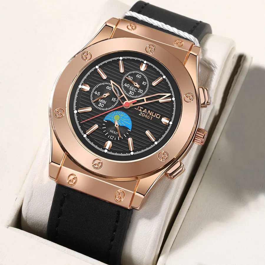 Fashion trend JIANUO brand large dial men\'s leather strap watch casual scale rose gold men\'s quartz watch