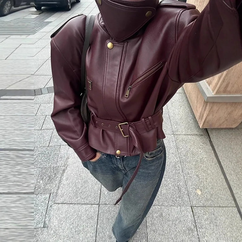 Women's Autumn Winter Tops Jackets Faux Leather Jacket Stand Collar Cropped Length Tie Detail New Minimalist Comfortable Casual