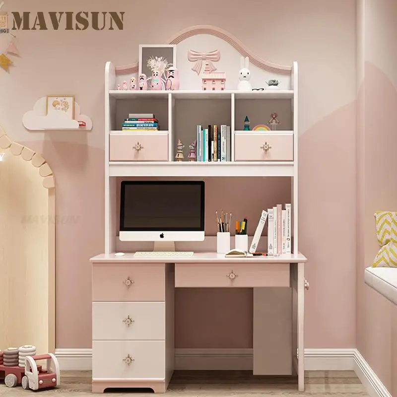 Pink L-Shape Children’s Desk &Chair Set Large Storage Drawers Versatile Computer Table Legs Girl Kids Wood Desk with Bookshelf