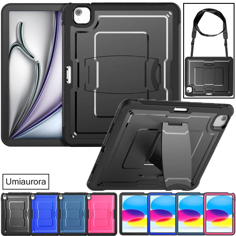 

For IPad Mini7 8.3" A17 Pro 11 M4 Air 11" 13 inch M2 M3 Rugged Tablet Case Kickstand Shoulder Strap Cover Shockproof Armor Funda