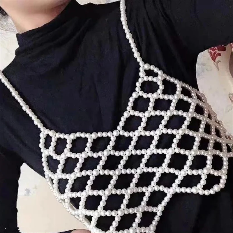 Handgefertigtes Perlen-Cami-Top für Damen, weißes Perlen-Bralette-Crop-Top, Spaghettiträger, Mesh-Bustier, Sommerparty, Strand, Oversize-T-Shirt – Detail 1