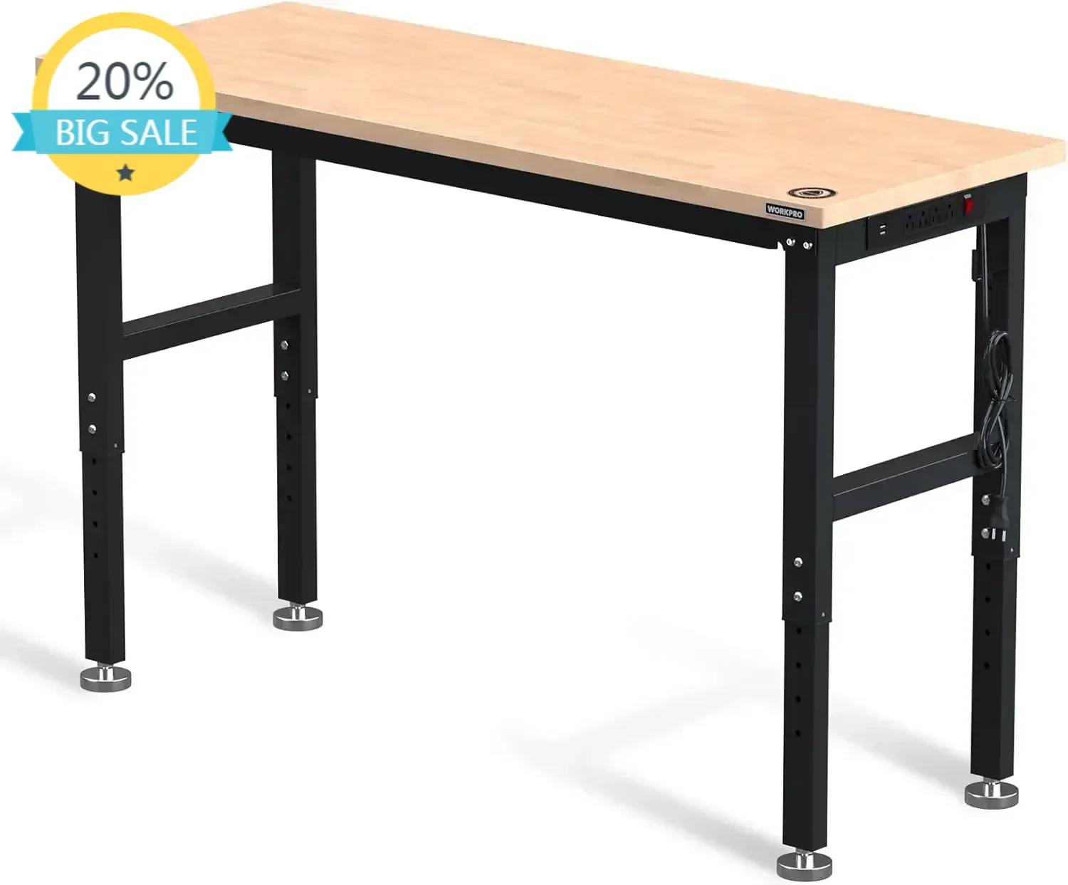 

Бестселлер: Регулируемый верстак 60 дюймов, рабочая станция с прочной столешницей из каучукового дерева, рабочий стол с розетками, для мастерской, гаража, офиса