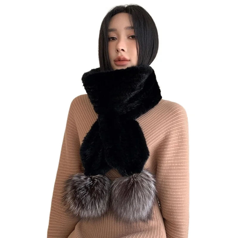 

New mink scarf women's autumn and winter warmth double-sided mink fox hairball mink fur scarf hair collar thickened