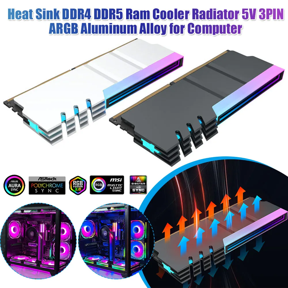 5V 3PIN ARGB PC Memory Module Heatsink Radiator PC Memory Cooling Vest Heat Sink Cooler DDR4 DDR5 Heat Cooler Heatsink Radiator