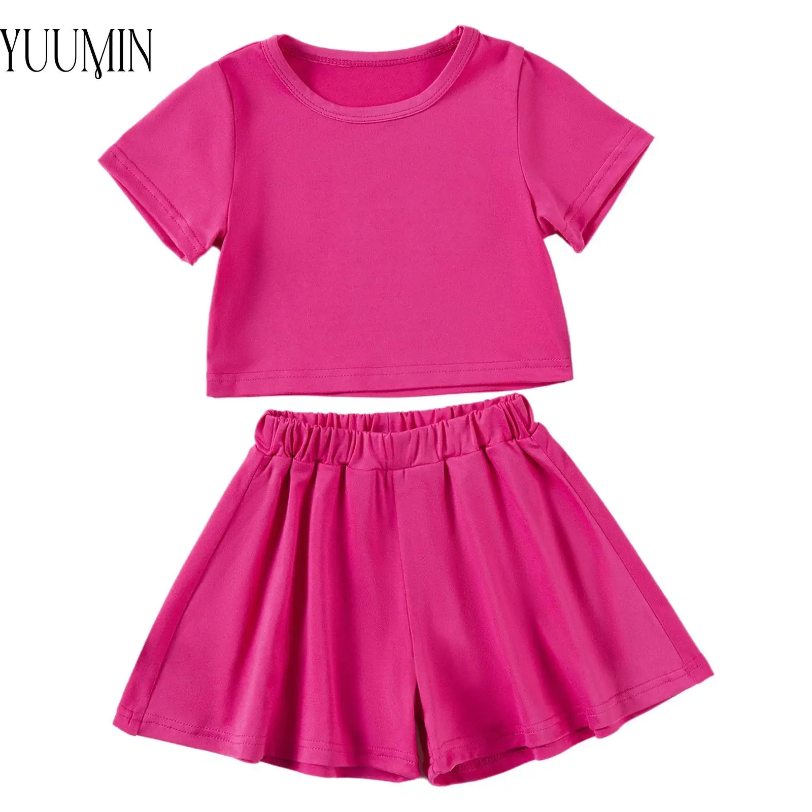 

2 Pcs Girls Solid Color Sports Outfit Short Sleeve T-shirt+Shorts Set for Running Workout Gym Yoga Jazz Hip-hop Dance Streetwear