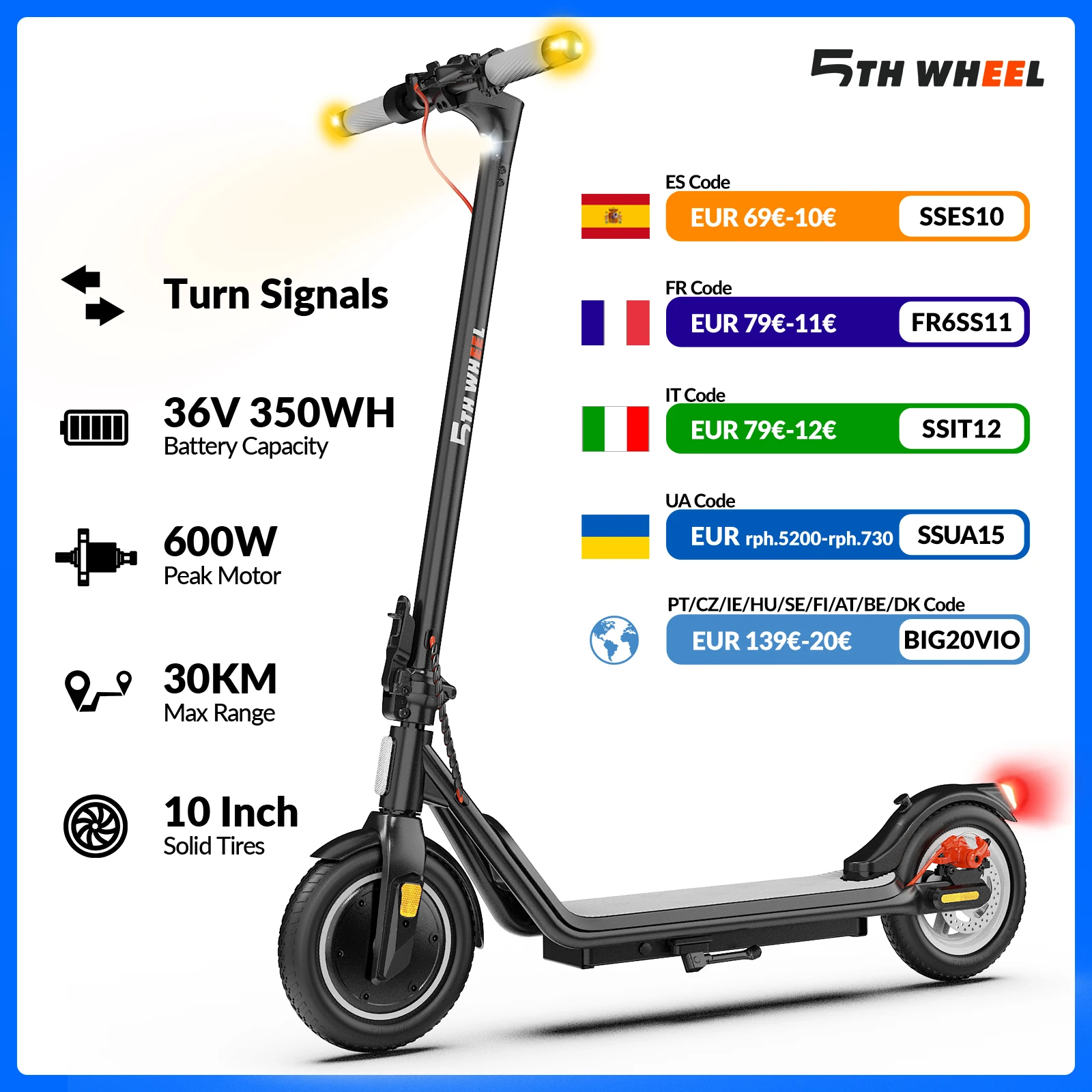 Trottinette électrique 5TH WHEEL, moteur 350W, 36V 7.5Ah, 32 km d'autonomie, contrôle par application, trottinette électrique pliable légère pour adultes et adolescents